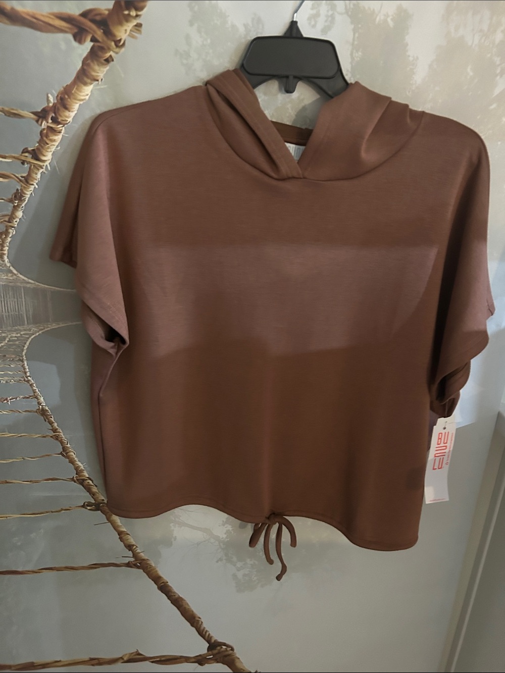 Short-Sleeve Hooded Drawstring Top in Brown
